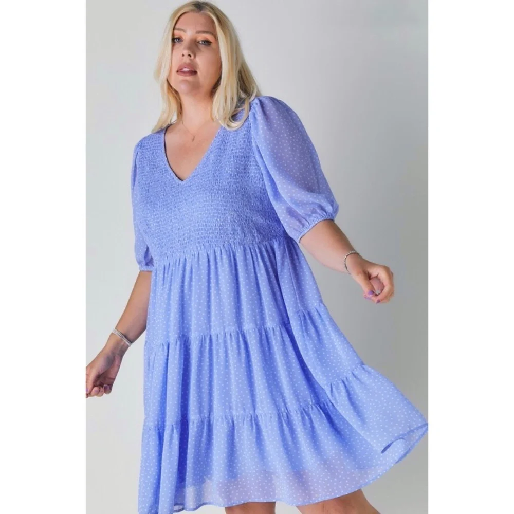 Davi & Dani Blue Polka Dot V Neck Short Sleeve Tiered Midi Dress - Picture 7 of 9